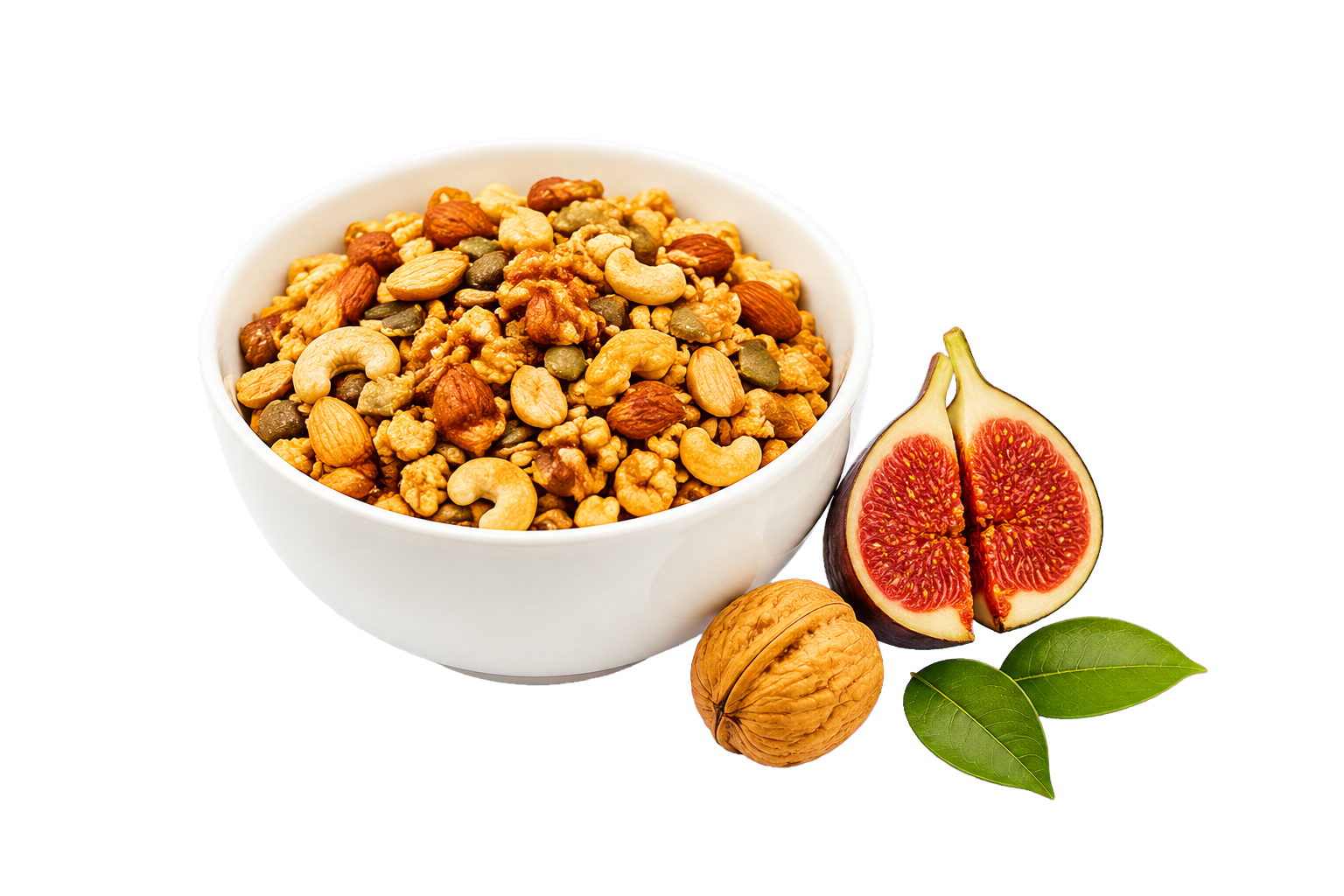 Tigela Pomarê com castanhas, granola e figo